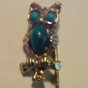 Owl Lapel Pin Silver 3 Turquoise Colored Stones 2 3/4"